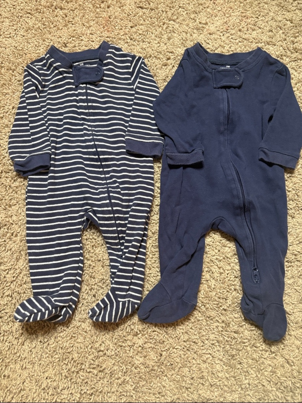 Pair of sleepers- Navy Footed Baby One-Piece - Solid and Stripe, size 3 months